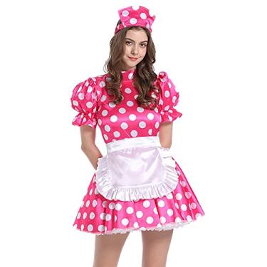 Imagem de Berzial Vestido Sissy Maid Mini vestido de bolinhas manga bufante plus size Lolita vestido de gola alta com avental (2GG) vermelho rosa