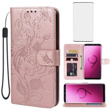 Imagem de Vavies Capa para Galaxy S9, capa carteira para Samsung S9 SM-G960U com protetor de tela de vidro temperado, capa de celular flip de couro floral com suporte para cartão de crédito para Samsung Galaxy