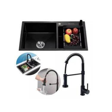 Imagem de Kit Cuba Pia Gourmet Dupla Aço Inox E Torneira Flexível