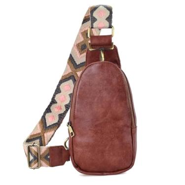 Imagem de KlaOYer Bolsas de couro para mulheres transversais pequenas pochete bolsas de peito com alça de guitarra para gril lady, Vermelho, Large, Transversal