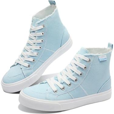 Imagem de Obtaom Tênis feminino / masculino de lona de cano alto, cano médio, moderno, casual, com cadarço, cano alto, sapatos de lona lavados, Ciano, 14 Women/12 Men