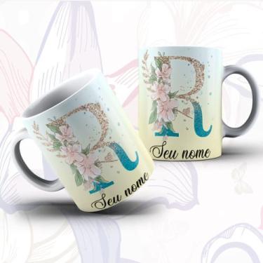 Imagem de Caneca Porcelana Alfabeto Floral Glitter Personalizada Com Inicial E N