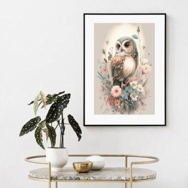 Imagem de Quadro Coruja Com Flores - 60x48cm - Quadros On-line, Moldura Preta