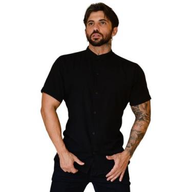 Imagem de Camisa Social Masculina Gola Padre Manga Curta Slim Fit - Volgue, Pret