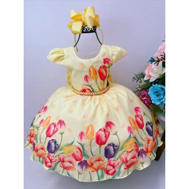Imagem de Vestido Infantil Amarelo Flores Tulipas Cinto Pérolas Luxo - banana cl