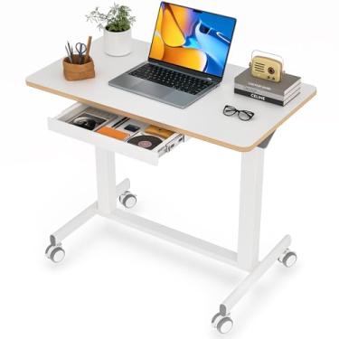 Imagem de JOY worker Mesa de pé móvel, mesa de pé pequena de 88 cm com gaveta, mesa pneumática com rodinhas ajustável em altura comporta até 15 kg, mesa branca para laptop móvel com duas alças e colunas