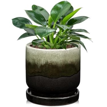 Imagem de Oairse Vaso de cerâmica para plantas - Vaso pequeno de 14 cm com orifício de drenagem e pires - Vaso de flores preto gradiente interno para suculentas, cactos, cobras, ervas