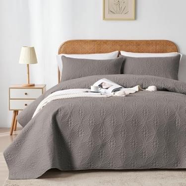 Imagem de WURUIBO Conjunto de colcha casal/queen cinza escuro, colcha leve de microfibra, cobertor sólido em relevo ultrassônico, conjunto de cama fino para todas as estações, capa de cama macia e respirável (1