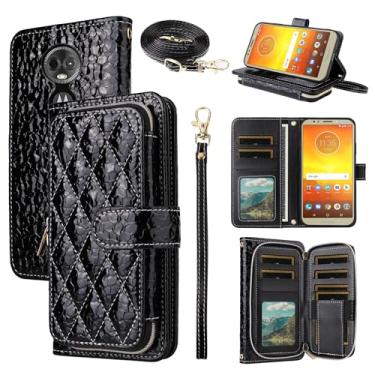 Imagem de Furiet Argyle Capa carteira para Moto E5 Plus E 5 Supra com 2 cordões, bolsa de couro PU luxuosa com zíper à prova de choque para celular Motorola E5+ MotoE5plus 5E 5ª geração E5plus preta