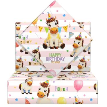 Imagem de Papel de embrulho de aniversário de cavalo, festa na selva safári, cavalo branco com chapéu de aniversário e papel de embrulho de balão - 6 folhas dobradas, planas, 51 x 71 cm, embrulho de presente