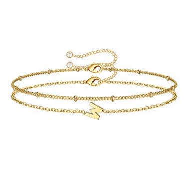 Imagem de M MOOHAM Pulseiras iniciais femininas - Pulseira com letras em camadas com pingente de inicial A-Z, joias delicadas de ouro/prata/ouro rosa para mulheres, presentes de aniversário, joias de ouro