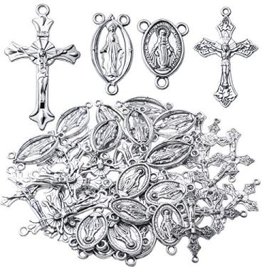 Imagem de 40 peças de pingentes de medalha de crucifixo de prata antiga e cruz do terço e centro milagroso Jesus Maria Nossa Senhora Crucifixo para fazer colares de contas sagradas