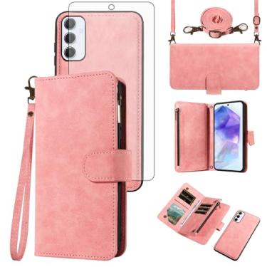 Imagem de Asuwish Capa de celular para Samsung Galaxy A55 5G carteira com zíper destacável com protetor de tela de vidro temperado alça transversal alça flip porta-cartão A 55 55A A555G feminino ouro rosa