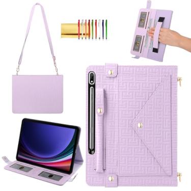 Imagem de Capa de mão para Samsung Galaxy Tab S10 FE/S9 FE 27.7 cm/S7/S8/S9 27.9 cm, Techcircle elegante capa tipo carteira com suporte para lápis, compartimentos para cartões, alça de mão, alça de ombro