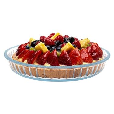 Imagem de Simax Forma de torta de vidro, placa de torta redonda de 28 cm, assadeira de vidro, forma de bolo rasa, suporte de torta canelada, bandeja segura para forno, vidro borossilicato