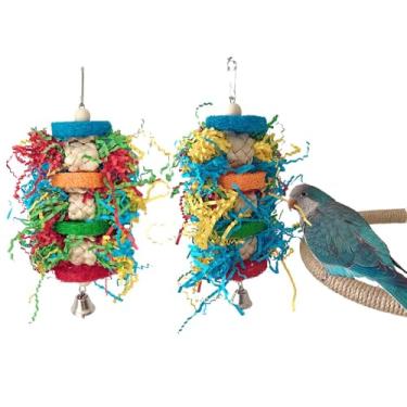 Imagem de Brinquedos coloridos para mastigar pássaros, brinquedo triturador de papagaio com sino, bucha natural e casca de milho, acessórios de gaiola de pássaros pendurados para papagaios, periquitos