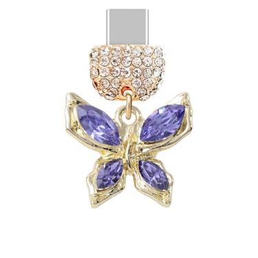 Imagem de ELISE & FONDA TP521 Tipo-C porta de carregamento cristal antipoeira pingente de celular pequena borboleta para iPhone 15/16/Samsung/OnePlus/Xiaomi/oppo telefones Android (roxo), approx. 1.8 cm (L) x