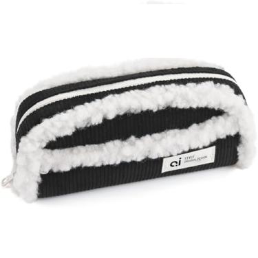 Imagem de Bolsa de lápis, Bolsa de lápis de grande capacidade Caixa de lápis bonito com zíper Bolsa de lápis de veludo cotelê macio para meninas adolescentes Material escolar estético (Preto)