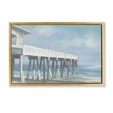 Imagem de Stupell Industries Píer estendido sobre a praia flutuador dourado tela emoldurada arte design de parede por Liz Jardine, 25 x 17