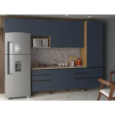 Imagem de Cozinha Completa Bartira Cristal 8 Portas, 8 Gavetas, 8 Prateleiras e 320cm de largura - Lâmina de Mel/Azul Royal 
