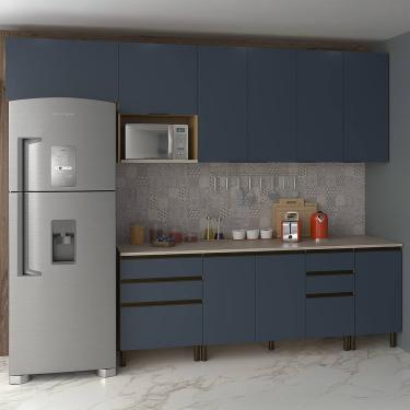 Imagem de Cozinha Completa Bartira Cristal Tempero com 8 Portas, 8 Gavetas, 6 Prateleiras, 1 Nicho para Micro-ondas e 300cm de Largura - Lâmina Mel/Azul Royal
