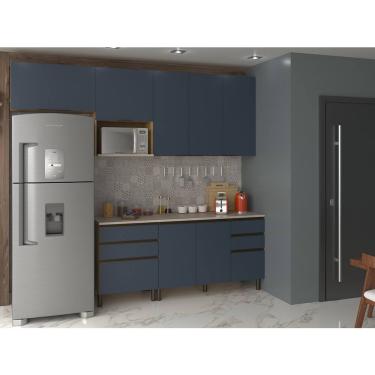 Imagem de Cozinha Completa Bartira Cristal com 7 Portas, 5 Gavetas, 4 Prateleiras e 260cm de largura - Lâmina de Mel/Azul Royal 