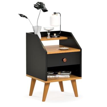 Imagem de Mesa De Cabeceira 1 Gaveta Nicho Prateleiras Mini Cômoda Criado Dakota (Preto/Nature)