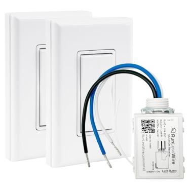 Imagem de RunLessWire Kit de interruptor e receptor de luz sem fio autoalimentado (sem pilhas), sem necessidade de WiFi, controle remoto de 150 pés + alcance RF - 3 vias simples: 1 receptor, 2 interruptores -
