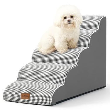 Imagem de COZY KISS Escada para Cães de Pequenos, Degrau Curvo para Filhotes, Gatos Idosos ou Rampa para Média Porte, Ideal para Sofá, Poltrona ou Cama, Escada em Espuma, 5 Degraus 40x84x57cm, Branco e Preto