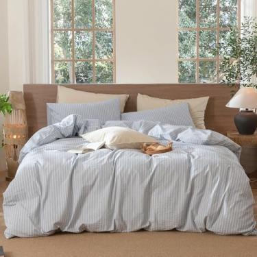 Imagem de MooMee Conjunto de capa de edredom listrado 100% algodão lavado como linho texturizado respirável durável macio confortável (listras largas azul-centáurea branco, solteiro, 172,7 x 228,6 cm)