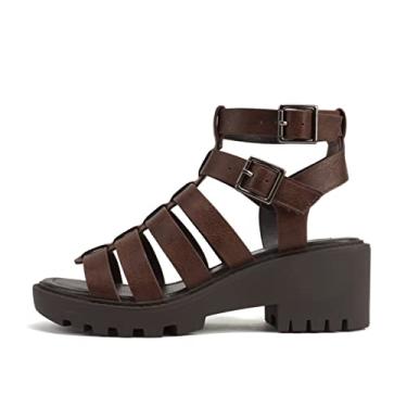 Imagem de Soda "Rebirth" ~ Sandália feminina de salto baixo com fivela de velcro com tiras múltiplas e tiras de pescador, Marrom PU, 10