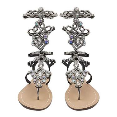 Imagem de Hinyyrin sandálias femininas de strass, sandálias gladiadora de prata dourada, sandálias de verão planas, praia, casamento, banquete, Preto, 6