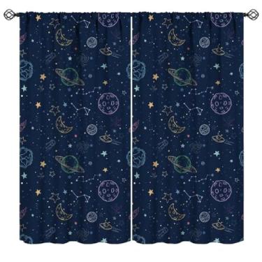 Imagem de Cortinas de galáxia do espaço sideral, meninos, crianças, desenho animado, universo, céu estrelado, planetas, lua, estrelas coloridas, cortinas de janela para quarto, sala de estar, 106 x 113 cm (sem