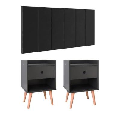 Imagem de Kit 2 Mesinhas Decore Nicho Porta Objetos Pés Palito Cabeceira Suspensa Júlia Cama Box King 1,95 Preto Suede - Lojas RPM
