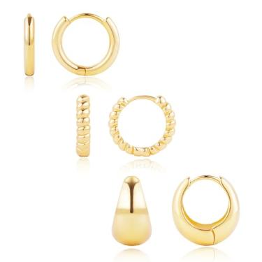 Imagem de Poxtex Conjunto de brincos de argola grossa para mulheres, banhados a ouro 14K, hipoalergênicos, leves, para vários presentes, 3 pares, Ouro amarelo, Sem pedra preciosa