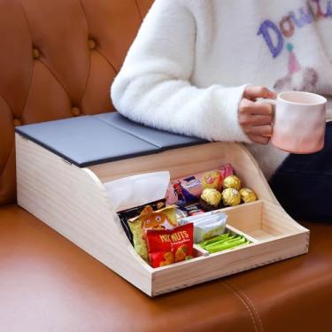 Imagem de Bandeja de suporte de copo de sofá, suporte de couro de pinho à prova d'água anti-derramamento para sofá cama organizador de assento de carro, bandeja de bebidas e lanches, bandeja de apoio de braço