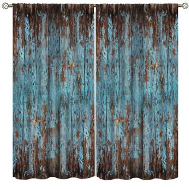 Imagem de Yoakiet Cortinas blackout de madeira retrô, fazenda rústica, vintage, marrom, azul, textura estampada, blecaute, bolso para varão, tratamentos de janela, cortinas para quarto, sala de estar, cozinha