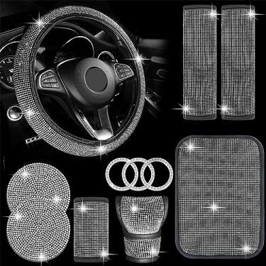 Imagem de MINGZAIQIPEI Conjunto de acessórios de carro com 11 peças, capa de volante brilhante para mulheres, ajuste universal, 38 cm, capa de console central de strass (branca)