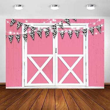 Imagem de Avezano Decoração de fazenda, cenário de porta de celeiro, tema de animais, faixa de aniversário, adereços de fotografia rústica, fundo fotográfico, suprimentos de festa para chá de bebê (rosa, 2,4 x