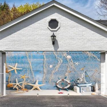 Imagem de Leowefowa Decorações de leme náutico para porta de garagem, 4,9 x 2,1 m, conchas, rede de pesca, fundo estrela-do-mar, capas de porta de garagem, placa de madeira azul, faixa de porta de garagem para