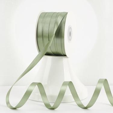 Imagem de MEEDEE Fita de cetim verde-oliva verde oliva de 1,9 cm Lux dupla face 100 metros rolo fita verde fina para embrulho de presente, suprimentos de festa, aniversário, chá de bebê, casamento, artesanato