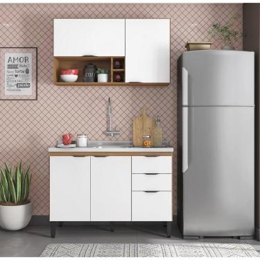 Imagem de Balcão de Pia 120m sem Tampo com Aéreo com Nicho e 2 Portas Firenze- Amêndola Touch/Branco Demóbile 