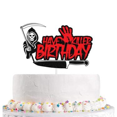Imagem de Have a Killer Topo de bolo de aniversário com tema de filme de terror Topo de bolo de aniversário Halloween zumbi festa vampiro suprimentos decoração de bolo de aniversário tema Halloween decorações