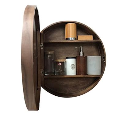 Imagem de AKALNNB Espelho de banheiro armário de maquiagem redondo espelho de banheiro montado na parede espelho de madeira maciça redondo com luz