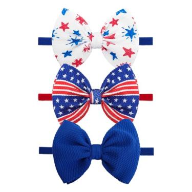 Imagem de Lanmerry Acessórios de cabelo para bebês de 4 de julho, laço vermelho, branco e azul, faixa patriótica, para meninas
