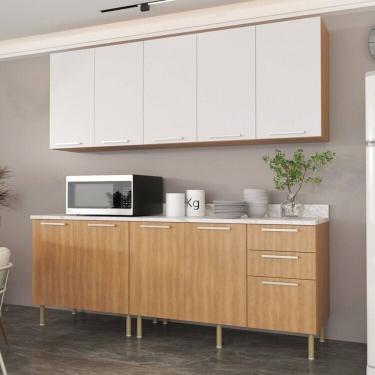 Imagem de Cozinha Compacta 200cm 5 Peças, 9 Portas e 3 Gavetas Freijó/Branco