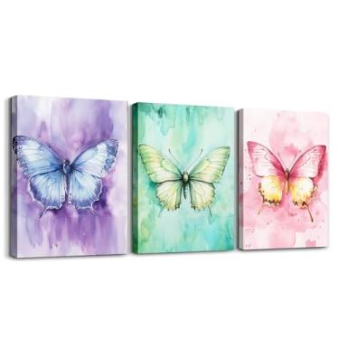 Imagem de jejeloiu Decoração de parede com imagem de borboleta para meninas meninos crianças 30,5 x 40,6 cm 3 peças borboletas impressão pintura decoração de quarto linda tela animal arte de parede para sala de