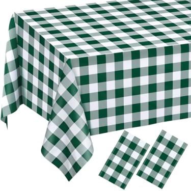 Imagem de 2 peças de toalha de mesa xadrez verde guingão descartável de plástico para festas, à prova d'água, retangular, verde e branca, capa de mesa para acampamento, aniversário, festa, piquenique, 147 × 272