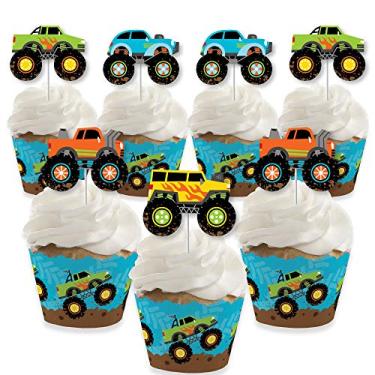 Imagem de Big Dot of Happiness Smash and Crash – Monster Truck – Decoração de cupcake – Kit de embalagem de cupcake e palitos de petiscos para festa de aniversário para meninos – Conjunto de 24