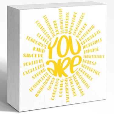 Imagem de WUZYOU Decoração de parede com sinal de caixa de madeira de afirmação inspiradora, decoração de parede de bloco de madeira You Are Sun, decoração motivacional para mesa de escritório em casa